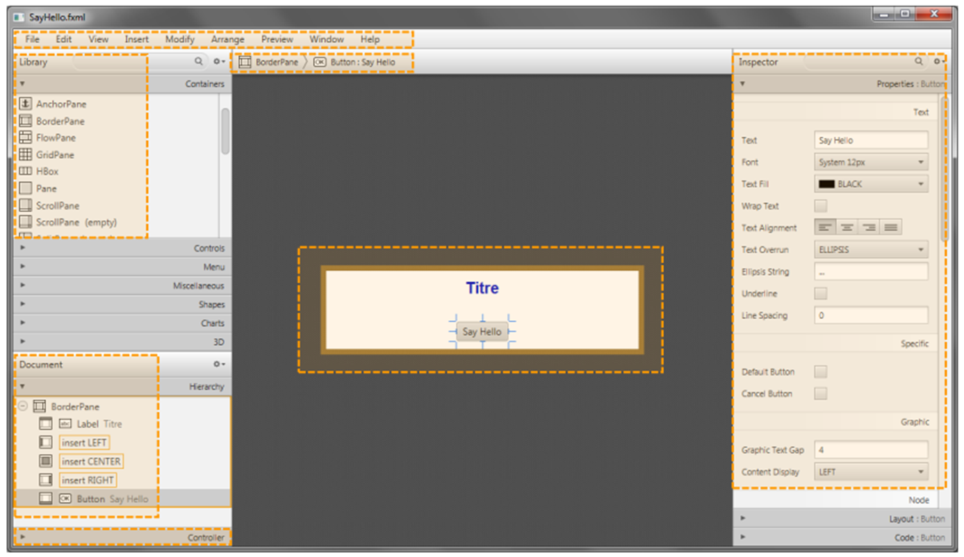 Interface Scene Builder avec les différents panneaux